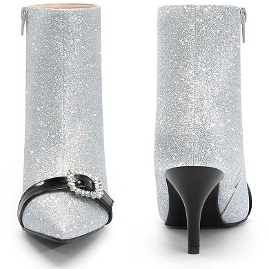 Glitter Boot Rhinestone Pointed Toe Stiletto Heel Ankle Boots for Women
