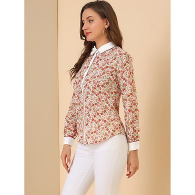 Women's Button Down Shirt Long Sleeve Contrast Collar Floral Blouse Top
