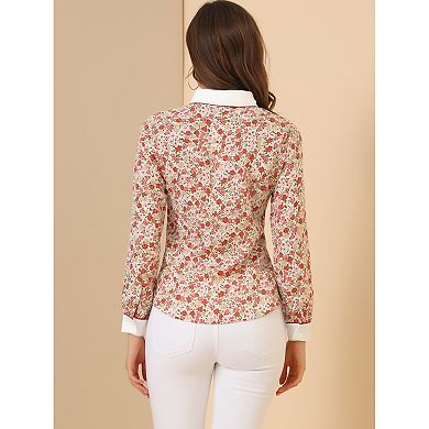 Women's Button Down Shirt Long Sleeve Contrast Collar Floral Blouse Top
