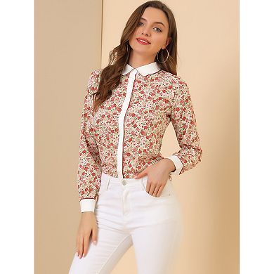 Women's Button Down Shirt Long Sleeve Contrast Collar Floral Blouse Top