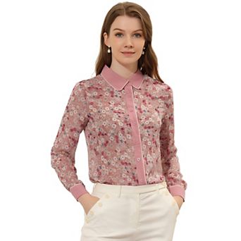 Women's Button Down Shirt Long Sleeve Contrast Collar Floral Blouse Top
