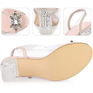 Clear Slingback Rhinestone Peep Toe Block Heels Sandals for Women