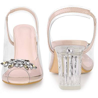 Clear Slingback Rhinestone Peep Toe Block Heels Sandals for Women