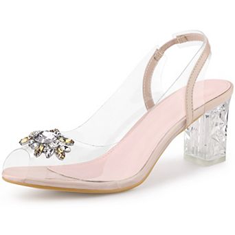 Clear Slingback Rhinestone Peep Toe Block Heels Sandals for Women