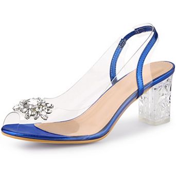 Clear Slingback Rhinestone Peep Toe Block Heels Sandals for Women