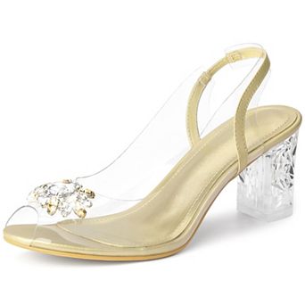 Clear Slingback Rhinestone Peep Toe Block Heels Sandals for Women