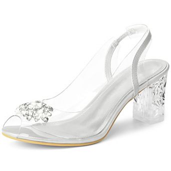 Clear Slingback Rhinestone Peep Toe Block Heels Sandals for Women
