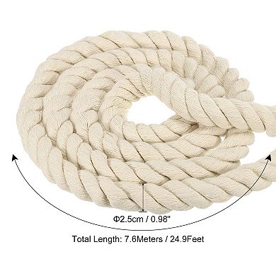 1 Inch x 25 Feet Natural Twisted Cotton Rope, 3 Strand Soft Craft Rope with Sealing Tape Beige