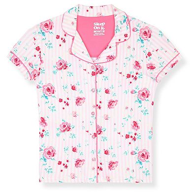 Sleep On It Girls 2-Piece Short-Sleeve Button Down Collared Coat Pajama Set with Matching Scrunchie