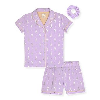 Sleep On It Girls 2 pc Short-Sleeve Button Down Coat Pajama Top and Pajama Shorts Set w Scrunchie