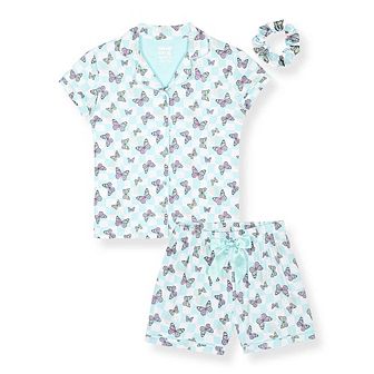 Sleep On It Girls 2 pc Short-Sleeve Button Down Coat Pajama Top and Pajama Pants Set w Scrunchie