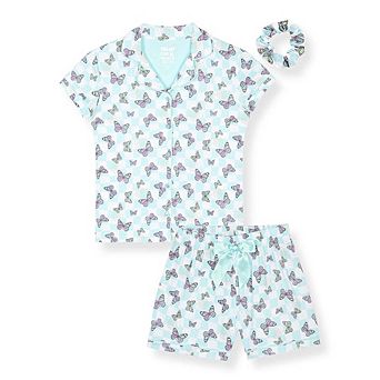 Sleep On It Girls 2 pc Short-Sleeve Button Down Coat Pajama Top and Pajama Shorts Set w Scrunchie