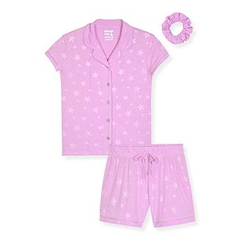 Sleep On It Girls 2 pc Short-Sleeve Button Down Coat Pajama Top and Pajama Shorts Set w Scrunchie