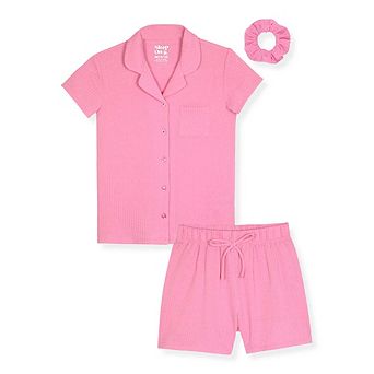 Sleep On It Girls 2 pc Short-Sleeve Button Down Coat Pajama Top and Pajama Shorts Set w Scrunchie