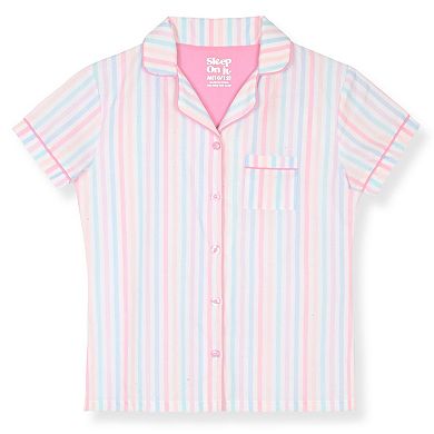 Sleep On It Girls 2-Pc Short-Sleeve Button Down Coat Pajama Top and Pajama Shorts Set w Scrunchie