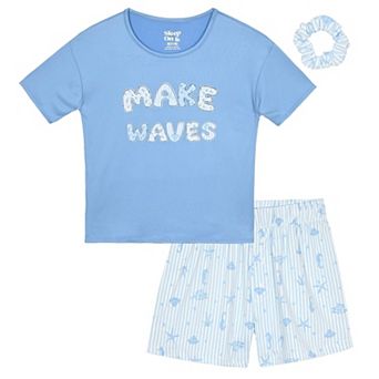 Sleep On It Girls 2 pc Short-Sleeve Jersey Pajama Top and Pajama Shorts Set with Matching Scrunchie