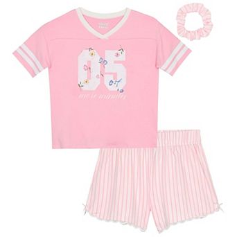 Sleep On It Girls 2 pc Short-Sleeve Jersey Pajama Top and Pajama Shorts Set with Matching Scrunchie