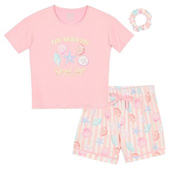 Sleep On It Girls 2 pc Short-Sleeve Jersey Pajama Top and Pajama Shorts Set with Matching Scrunchie