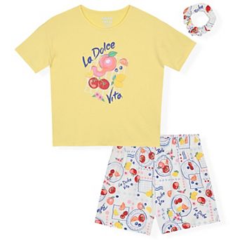 Sleep On It Girls 2 pc Short-Sleeve Jersey Pajama Top and Pajama Shorts Set with Matching Scrunchie