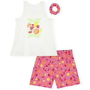 Sleep On It Girls 2 pc Sleeveless Tank-Top Jersey Pajama Top and Pajama Shorts Set with Scrunchie