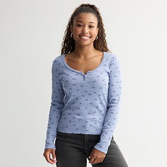 Juniors Pink Republic Pointelle Henley Long Sleeve Top