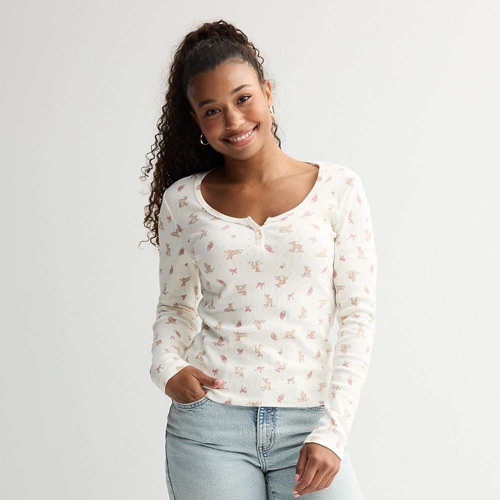 Juniors Pink Republic Pointelle Henley Long Sleeve Top