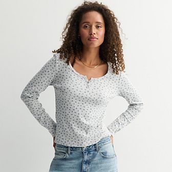 Juniors Pink Republic Pointelle Henley Long Sleeve Top