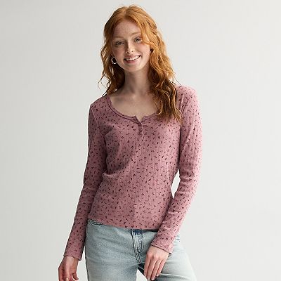 Juniors Pink Republic Pointelle Henley Long Sleeve Top