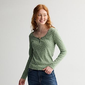 Juniors Pink Republic Pointelle Henley Long Sleeve Top