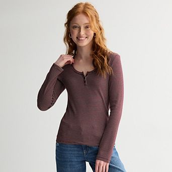 Juniors Pink Republic Waffle Long Sleeve Henley Tee
