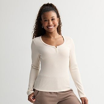 Juniors Pink Republic Waffle Long Sleeve Henley Tee