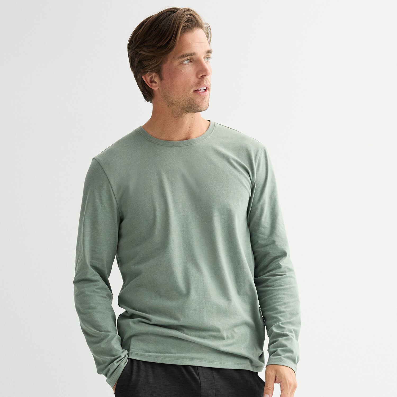 Мужская футболка Apt. 9 Premier Flex Long Sleeve Crewneck, цвет: Оливковый