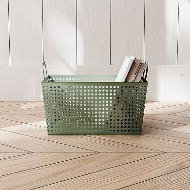 RGI Home Desert Sage Rectangular Metal Decorative Storage Basket with Handles