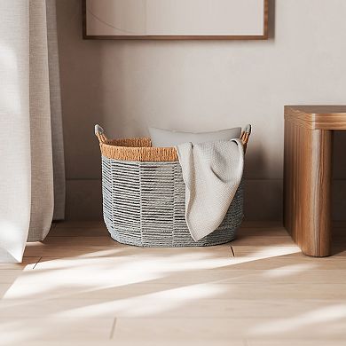 RGI Home Oval Woven Paper Cord Decorative Medium Storage Basket with Handles