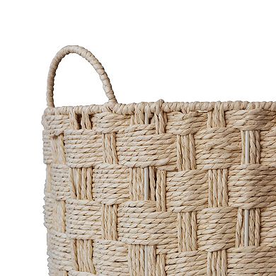 RGI Home Round Paper Cord Decorative Medium Storage Basket with Checkerboard Weave & Handles