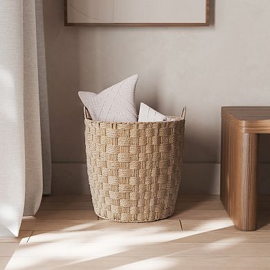 RGI Home Round Paper Cord Decorative Medium Storage Basket with Checkerboard Weave & Handles