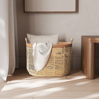 RGI Home Oval Woven Paper Cord Decorative Large Storage Basket with Handles