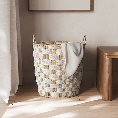 RGI Home Round Paper Cord Decorative X-Large Storage Basket with Checkerboard Weave & Handles
