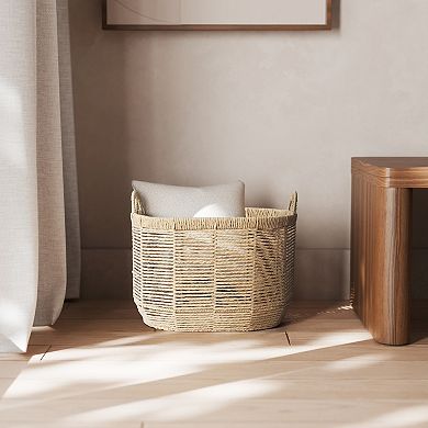 RGI Home Oval Woven Paper Cord Decorative Small Storage Basket with Handles