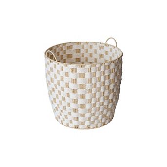 RGI Home Round Paper Cord Decorative Small Storage Basket with Checkerboard Weave & Handles
