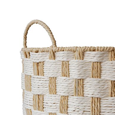 RGI Home Round Paper Cord Decorative Small Storage Basket with Checkerboard Weave & Handles