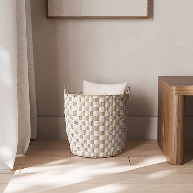 RGI Home Round Paper Cord Decorative Small Storage Basket with Checkerboard Weave & Handles