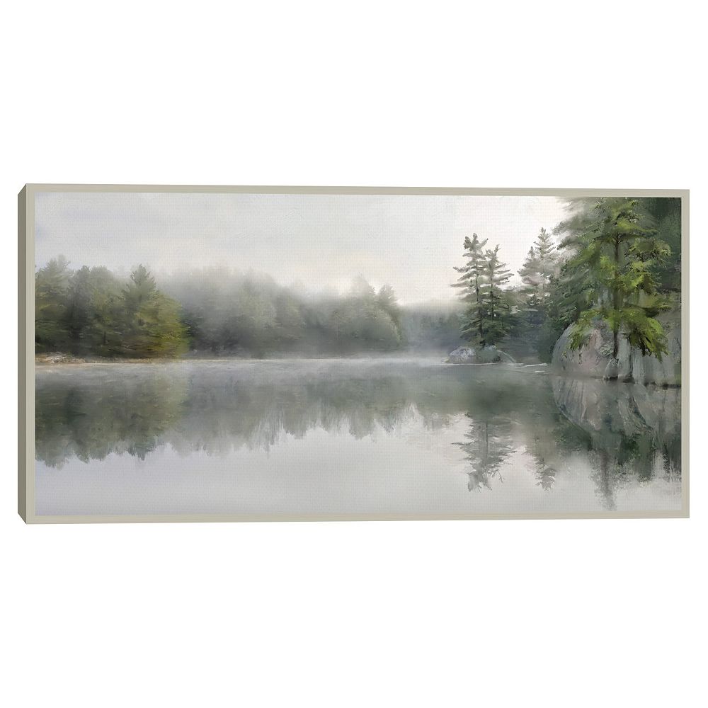 Foggy Autumn Lake View By The Window Canvas Wall Art
