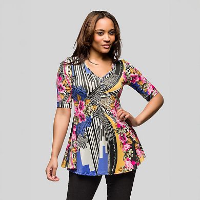 Women's 24Seven Comfort Apparel Floral Print Elbow Sleeve V-Neck Tunic Top