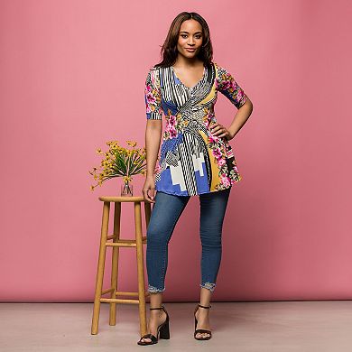 Women's 24Seven Comfort Apparel Floral Print Elbow Sleeve V-Neck Tunic Top
