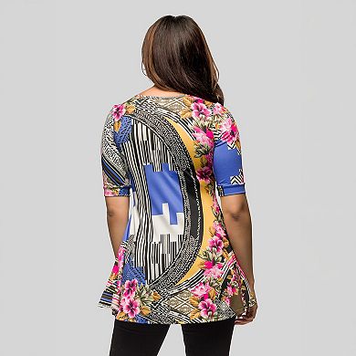 Women's 24Seven Comfort Apparel Floral Print Elbow Sleeve V-Neck Tunic Top