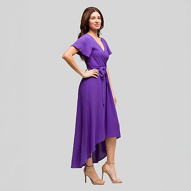 Women's 24Seven Comfort Apparel V-Neck Belted Faux Wrap High-Low Dress