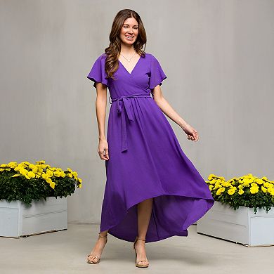 Women's 24Seven Comfort Apparel V-Neck Belted Faux Wrap High-Low Dress