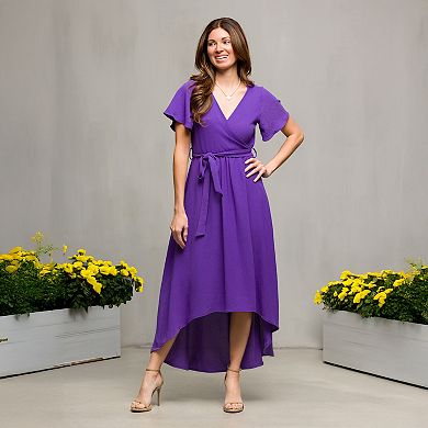 Women's 24Seven Comfort Apparel V-Neck Belted Faux Wrap High-Low Dress