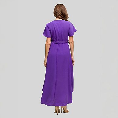 Women's 24Seven Comfort Apparel V-Neck Belted Faux Wrap High-Low Dress